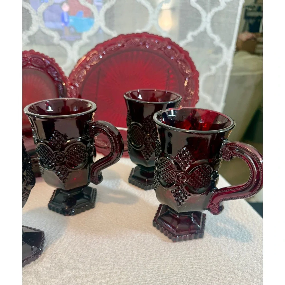 Vintage Avon 1876 Ruby Red Glass Dinnerware Set Plates Mugs Goblets Bowls